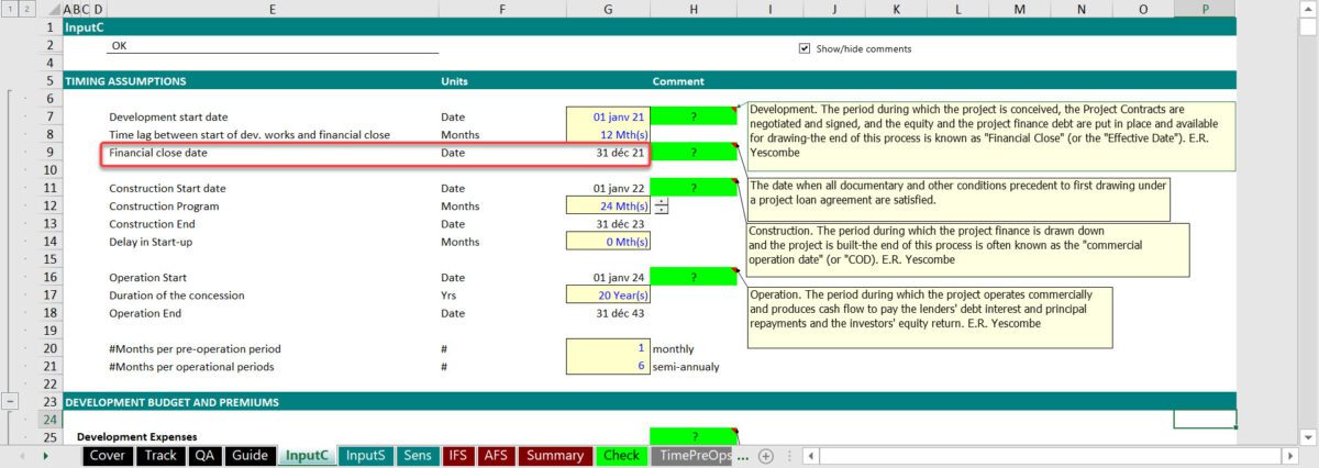 As you can see the definition refers to another clause in the agreement and that clause itself refers to a schedule in the annex with a very long list of requirements for first disbursement or financial close. How to use this date in the model? It should be reflected in the timing assumptions and the construction start date or drawdown start date should be at or after financial close date. 